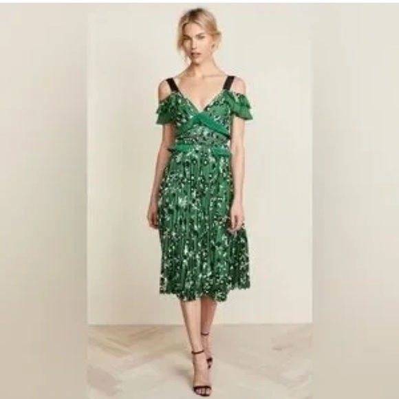 SELF PORTRAIT Green Floral Pleated Cold Shoulder Midi Dress US 4 -  www.ice4pros.com.br
